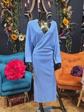 Elegant Light Blue Knit Wrap-Front Maxi Dress
